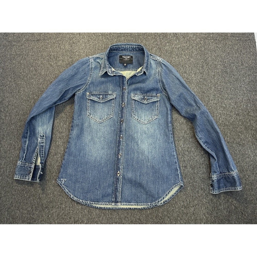 Triumph Motorcycles Denim Button Front Shirt Western Cotton Blue Women's Small - Picture 15 of 15